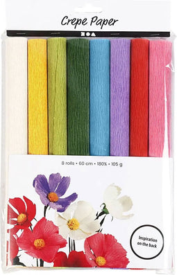 Creativ Company Crêpepapier, 25x60 cm, Crêpeverhouding: 180%, 105 gr, standaardkleuren, 8vellen / 1 pak