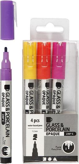 Creativ Company Glas& Porseleinstiften Dekkend Oranje/Paars/Rood/Geel, 4st.