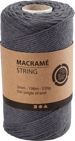 Creativ Company Macramé Koord, L: 198 m, 2 mm, Grijs, 330 gr, 1 Rol