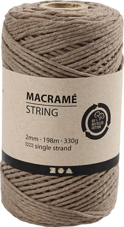 Creativ Company Macramé Koord, L: 198 m, 2 mm, Lichtbruin, 330 gr, 1 Rol