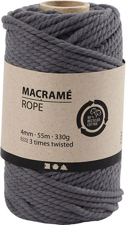 Creativ Company Macramé Koord, L: 55 m, 4 mm, Grijs, 330 gr, 1 Rol