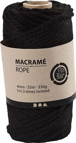 Creativ Company Macramé Koord, L: 55 m, 4 mm, Zwart, 330 gr, 1 Rol