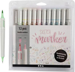 Creativ Company Sketch marker, pastelkleuren, stift lijndikte 1+2-5 mm, 12 stuk/ 1 doos