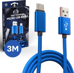 CS Consoleskins Oplaadkabel geschikt voor PS4 - 3 Meter - Snelle Oplader geschikt voor PlayStation 4 Controller - Micro USB Kabel – Nylon Gevlochten Snellader - Accessoires geschikt voor PS4 - Blauw