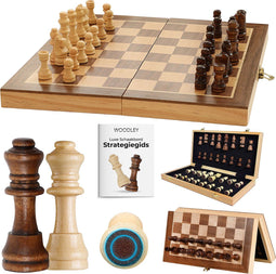 Woodley Luxe Houten Schaakbord - Opvouwbare schaakset - Magnetisch - Extra Koningin - 40cm - Compleet met strategieboekje