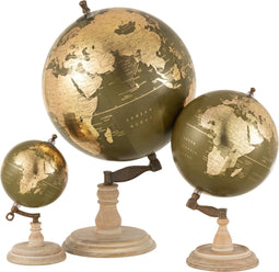 J-Line wereldbol op voet - hout - kaki/goud - large