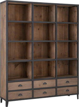 J-Line Boekenkast 12 Vakken 6 Lades Hout/Metaal Naturel/Zwart