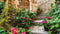 Customize-it - Trap met geraniums 130x70cm Tuinschilderij