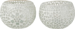 J-Line theelichthouder Eki Mozaiek - glas - wit - medium - 2 stuks