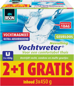 Bison Vochtvreter® magneet 450g 2+1 gratis - Parfumvrije navulling voor Vochtvreter® apparaat, 3x 450 g, bestrijd hoge luchtvochtigheid in woonruimtes, ook geschikt voor caravans en campers