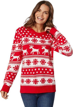 Dressforfun Kersttrui - Wintertrui met sneeuwvlokken en rendieren - Rood-wit (L)