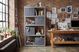 Feel Furniture - Schroefloos Opslagrek - 5 lagen - 175 kg draagkracht - met 4 grijze boxen - Zilver