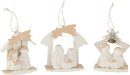 J-Line hanger Kerststal - hout/polyresin - wit/beige - 3 stuks