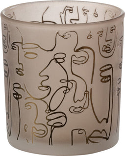 J-Line windlicht Happy Faces - glas - beige - small - 2 stuks