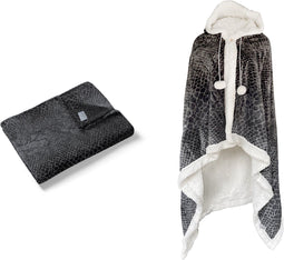 Linnick Flanel Fleece Deken + Hoodie met Capuchon Snake - black/antraciet - 140x200cm - 130x180cm - Plaid
