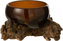 J-Line vaas op voet Gamal - hout/glas - naturel/bruin - small - Ø 14 cm