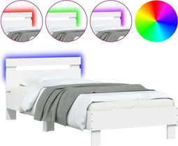 vidaXL - Bedframe - met - hoofdbord - en - LED-verlichting - wit - 90x190 - cm