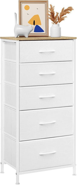 Woltu Commodekast - 5 Stoffen Laden - 30x45x95 cm - Wolkenwit & Eikenbeige
