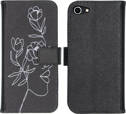 iMoshion Hoesje Geschikt voor iPhone SE (2022) / SE (2020) / 8 / 7 Hoesje Met Pasjeshouder - iMoshion Design Softcase Bookcase - Wit / Zwart / Woman Flower Black