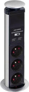 Perel Pop-upstekkerdoos - 3 stopcontacten type F - 2 USB-poorten - zwart/grijs