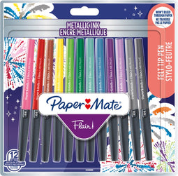Paper Mate Flair metalen viltstiften | glitterende inkt schijnt op wit papier | diverse kleuren | medium punt (0,7 mm) | 12 stuks