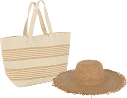 J-Line strandtas Strepen + Hoed - papier - beige/lichtbruin