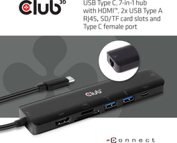 Club3d CSV-1592 - USB Type C 7 In 1 Hub - HDMI 4K 60Hz + SDTF Card Slot + 2x USB A + USB C PD + RJ45 - Zwart