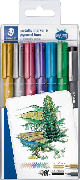 Staedtler Metallic marker, etui van 6 stuks in geassorteerde kleuren + Pigment Liner zwart gratis