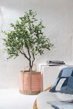 J-Line mand Rond Met Handvaten - jute - naturel/roze