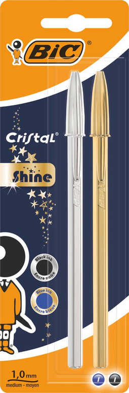BIC Cristal Shine Balpennen - Diverse Inkt en Hulskleuren - 2 Stuks - Medium Punt 1 mm
