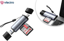 Vlectro Geheugenkaartlezer - USB-C USB 3.0 Micro USB - Aluminium Grijs - 6 x 2,5 x 1 cm