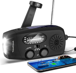 Travelhawk Noodradio - Draagbare Radio - Noodradio Solar Opwindbaar - Powerbank Zonneenergie - 2000 mAh - Zaklamp - Noodpakket - Zwart