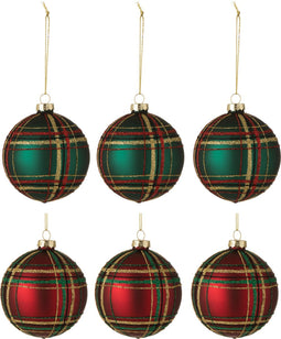 J-Line kerstbal Geruit - fluweel/glas - rood/groen - small - doos van 6