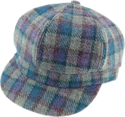 Dames Cap Grijs met Paars en Blauw - one size - Harris Tweed - Glen Appin of Scotland