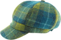 Dames Cap Zeeblauw en Limegroen Geruit - one size - Harris Tweed - Glen Appin of Scotland