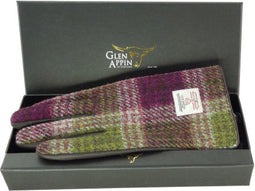 Dames Handschoenen Heide Paars en Groen met Bruin Leer - Harris Tweed - Glen Appin of Scotland