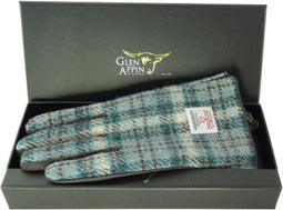 Dames Handschoenen Licht Blauw en Creme met Bruin Leer - Harris Tweed - Glen Appin of Scotland