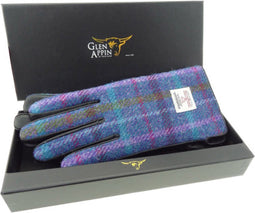 Dames Handschoenen Paars Multi met Bruin Leer - Harris Tweed - Glen Appin of Scotland
