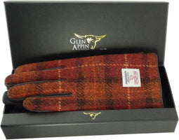 Dames Handschoenen Roestbruin Rood en Oranje ruit met Bruin Leer - Harris Tweed - Glen Appin of Scotland