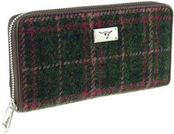 Dames Portemonnee Staffa Groen en Roze (Plum) - Harris Tweed - muntvak met rits - Glen Appin of Scotland