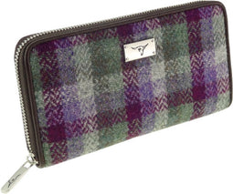 Dames Portemonnee Staffa Paars met Groen Klein Geblokt - Harris Tweed - muntvak met rits - Glen Appin of Scotland