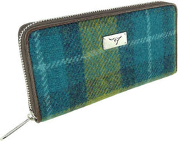 Dames Portemonnee Staffa Zeeblauw en Limegroen - Harris Tweed - muntvak met rits - Glen Appin of Scotland