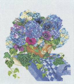 Thea Gouverneur - Borduurpakket met telpatroon - 3025 - Voorgesorteerde DMC Garens - Hortensia Anemonen - Linnen - 37 cm x 42 cm - DIY Kit