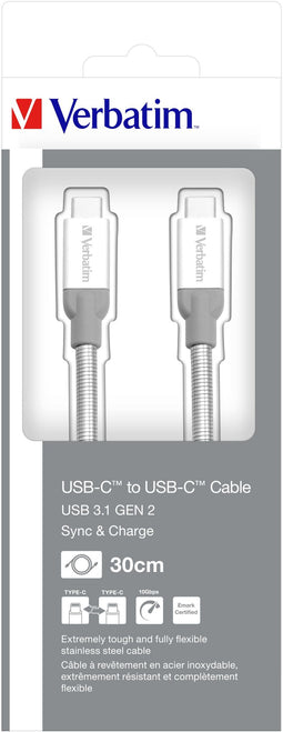 Verbatim - Roestvrij stalen sync- & oplaadkabel - USB-C naar USB-C - USB 3.1 gen 2 30 cm Zilver