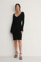 NA-KD Reborn - Rouched Ribbed Button Jurk - V-hals lange mouwen midi - Zwart