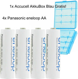 De nieuwe eneloop Mignon AA NiMH-batterijen in de nieuwe opbergkoffer en de AccuCell Box blauw