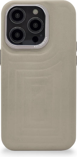 DECODED Embossed Back Cover - iPhone 14 Pro - Hoogwaardig Europees Leer - Hoesje met Metalen Knoppen - Magnetische Technologie van Apple - Beige, Grijs