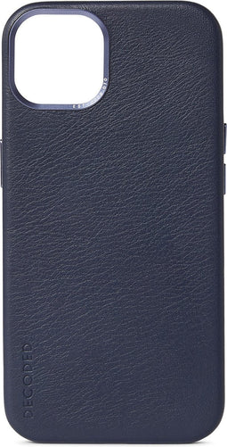 DECODED Leren Back Cover - iPhone 13 - Hoogwaardig Europees Leer - Hoesje met Metalen Knoppen - Magnetische Technologie van Apple - Donker Blauw