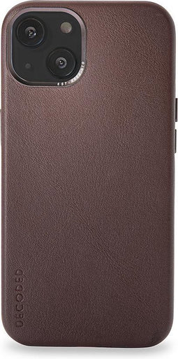 DECODED Leren Back Cover - iPhone 13 Mini - Hoogwaardig Europees Leer - Hoesje met Metalen Knoppen - Magnetische Technologie van Apple - Bruin