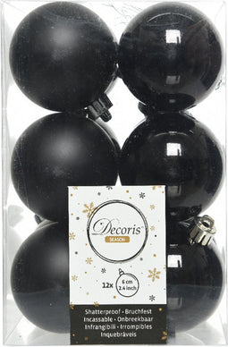 Decoris kerstballen - 12x st - zwart - D6 cm - kunststof - mat/glans - kerstversiering